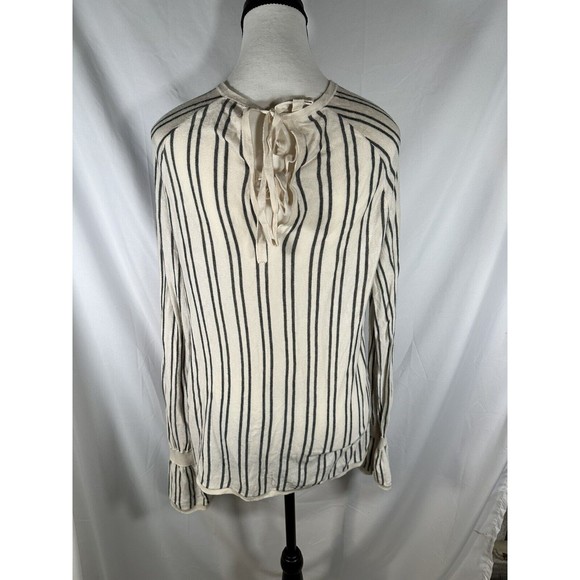 HINGE Gray Stripes/ Ivory Long Sleeve Crew Neck Women’s Small Tie Back Sweater - Picture 2 of 5
